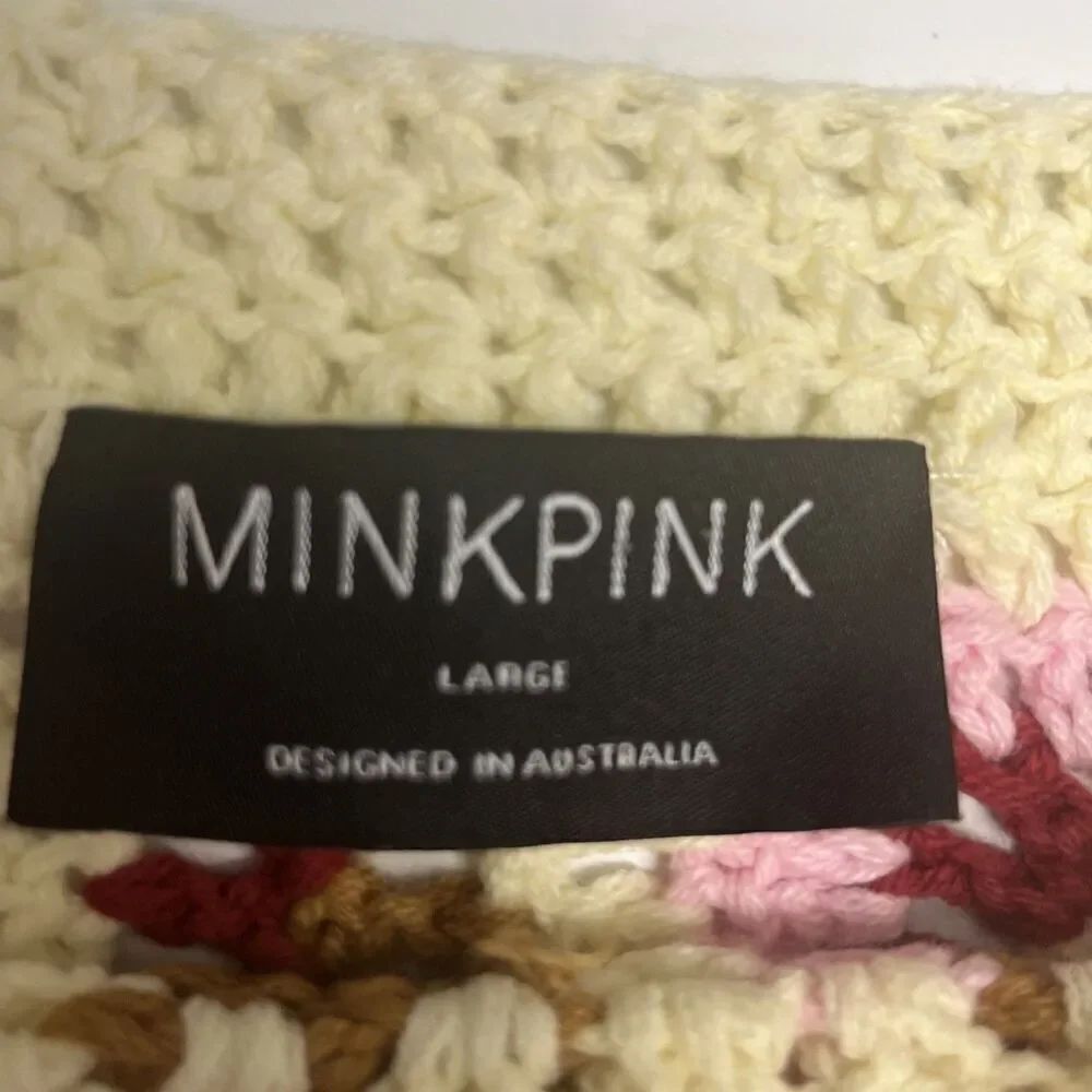 MINKPINK Norah Crochet Pattern Knit Sweater Cropped Crew Neck Large Cotton Blend - Picture 10 of 12